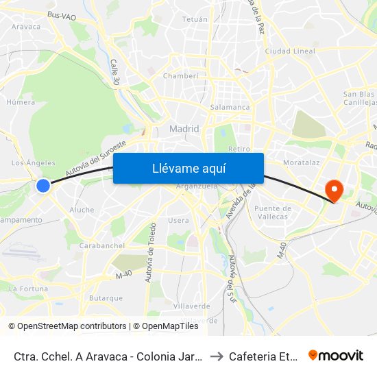 Ctra. Cchel. A Aravaca - Colonia Jardín to Cafeteria Etsis map