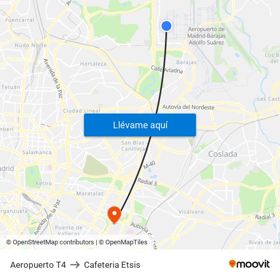Aeropuerto T4 to Cafeteria Etsis map