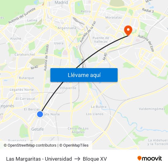 Las Margaritas - Universidad to Bloque XV map