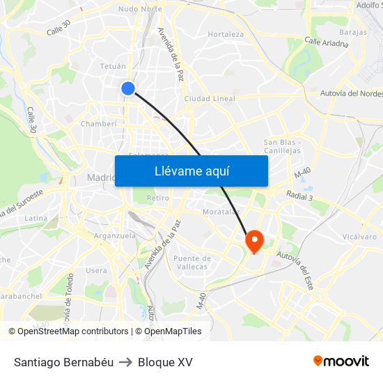 Santiago Bernabéu to Bloque XV map