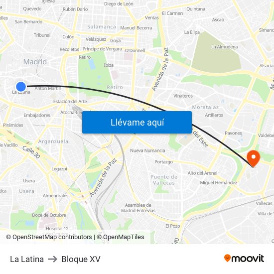 La Latina to Bloque XV map