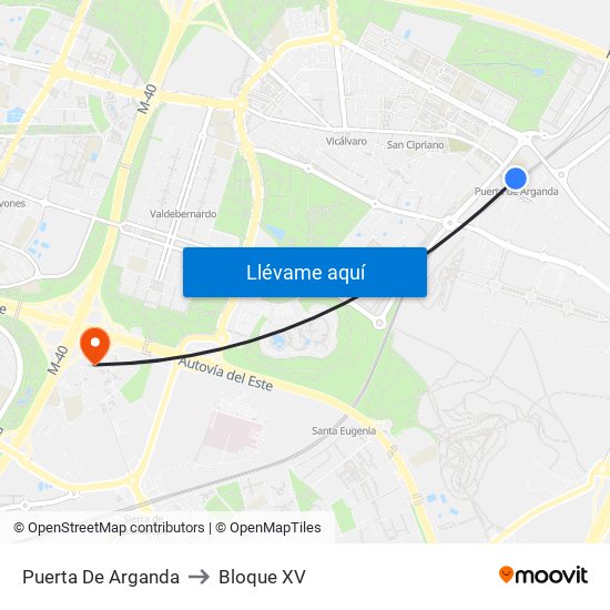 Puerta De Arganda to Bloque XV map