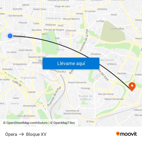 Ópera to Bloque XV map