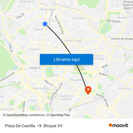 Plaza De Castilla to Bloque XV map