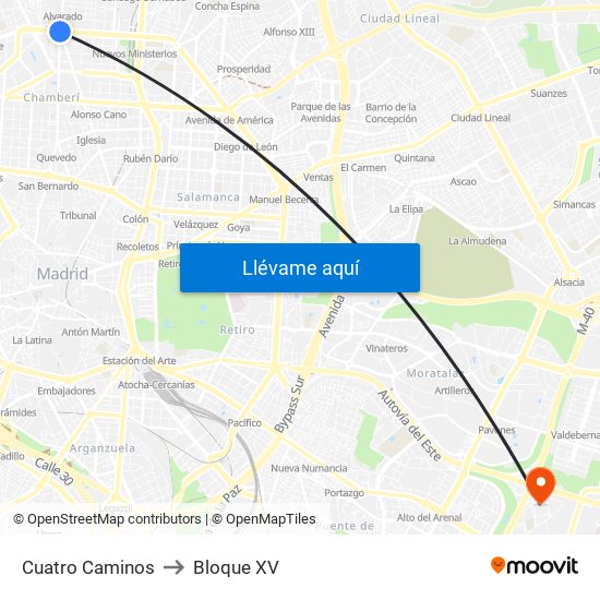 Cuatro Caminos to Bloque XV map