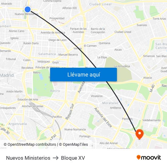 Nuevos Ministerios to Bloque XV map