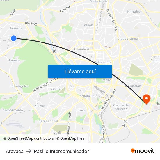 Aravaca to Pasillo Intercomunicador map