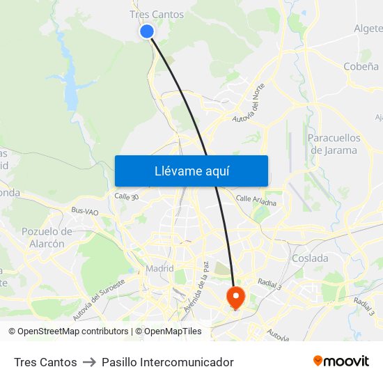 Tres Cantos to Pasillo Intercomunicador map