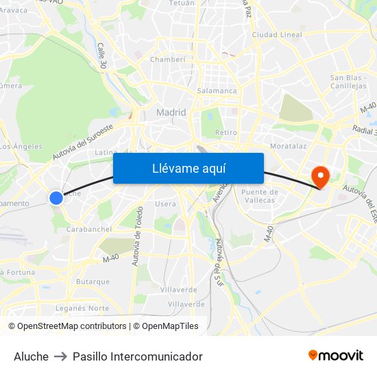 Aluche to Pasillo Intercomunicador map