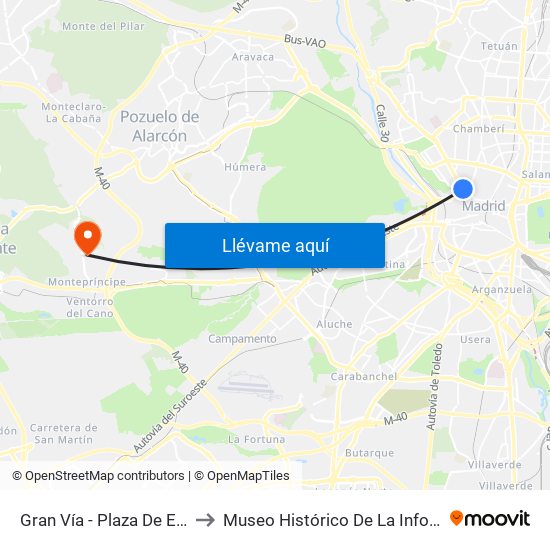 Gran Vía - Plaza De España to Museo Histórico De La Informática map