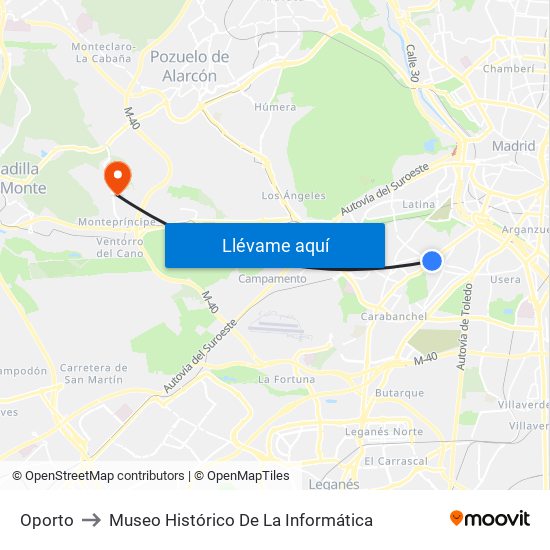Oporto to Museo Histórico De La Informática map