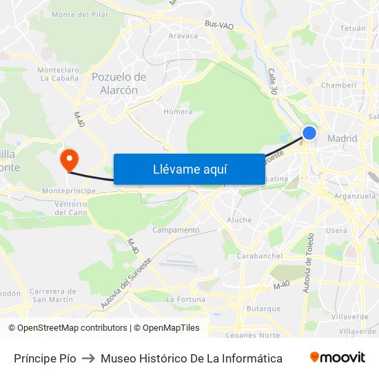 Príncipe Pío to Museo Histórico De La Informática map