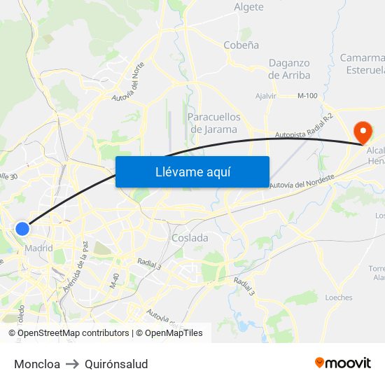 Moncloa to Quirónsalud map