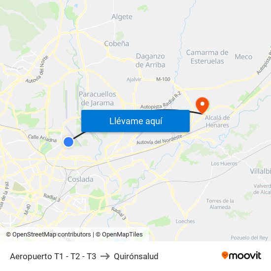 Aeropuerto T1 - T2 - T3 to Quirónsalud map