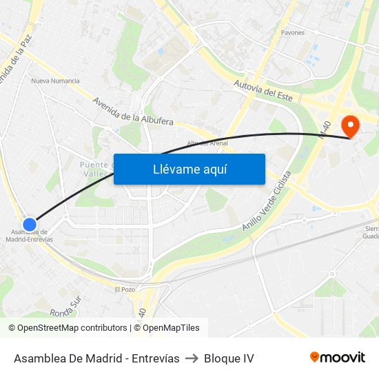 Asamblea De Madrid - Entrevías to Bloque IV map