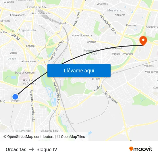 Orcasitas to Bloque IV map