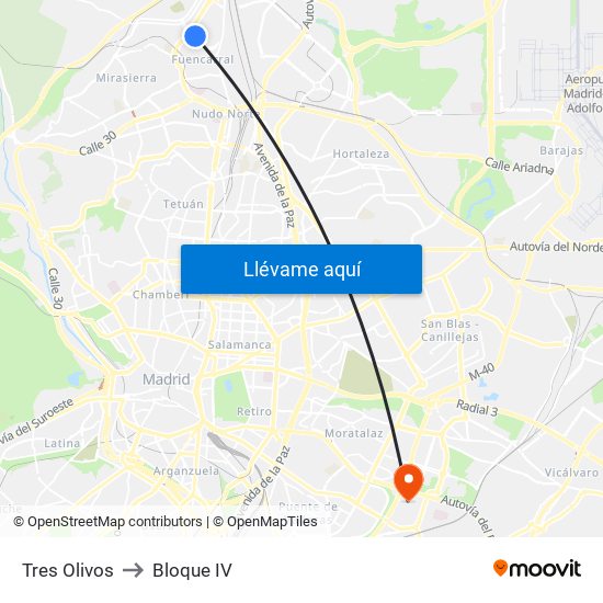 Tres Olivos to Bloque IV map