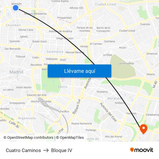 Cuatro Caminos to Bloque IV map