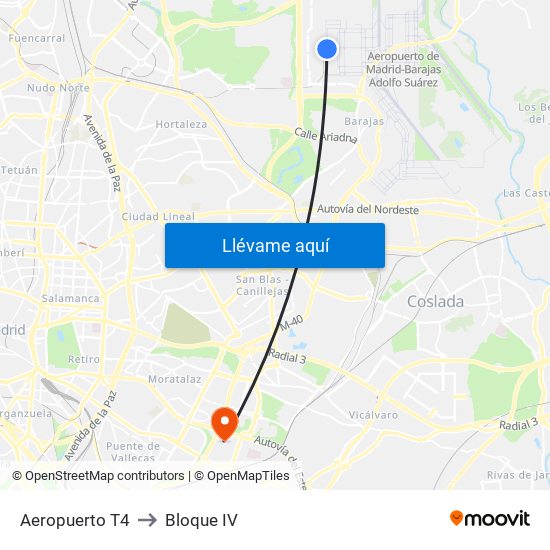 Aeropuerto T4 to Bloque IV map