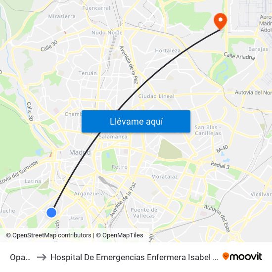 Opañel to Hospital De Emergencias Enfermera Isabel Zendal map