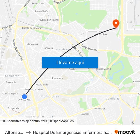 Alfonso XIII to Hospital De Emergencias Enfermera Isabel Zendal map