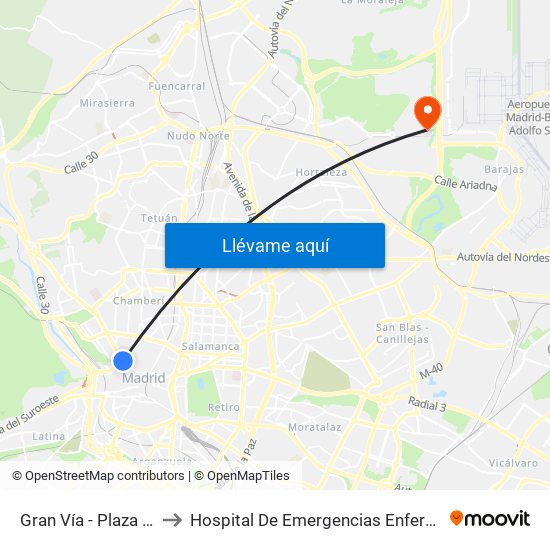 Gran Vía - Plaza De España to Hospital De Emergencias Enfermera Isabel Zendal map