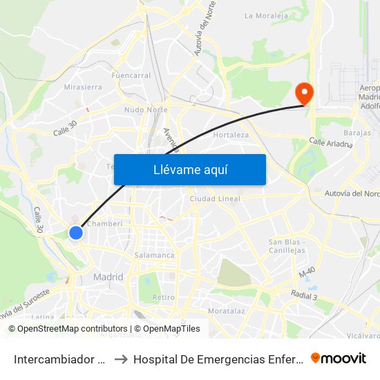Intercambiador De Moncloa to Hospital De Emergencias Enfermera Isabel Zendal map