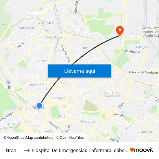Gran Vía to Hospital De Emergencias Enfermera Isabel Zendal map