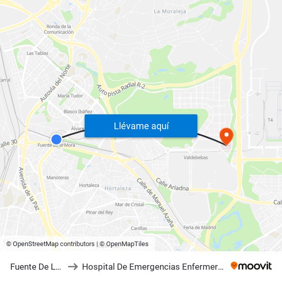 Fuente De La Mora to Hospital De Emergencias Enfermera Isabel Zendal map