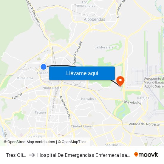Tres Olivos to Hospital De Emergencias Enfermera Isabel Zendal map