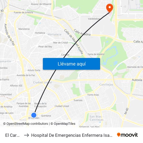 El Carmen to Hospital De Emergencias Enfermera Isabel Zendal map
