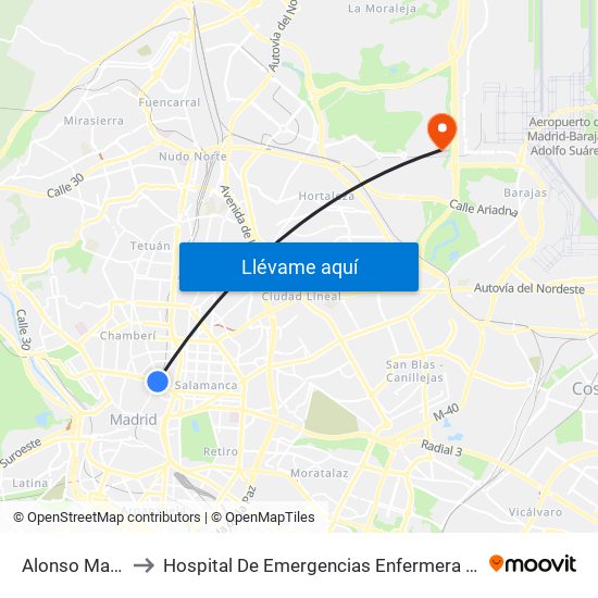 Alonso Martínez to Hospital De Emergencias Enfermera Isabel Zendal map