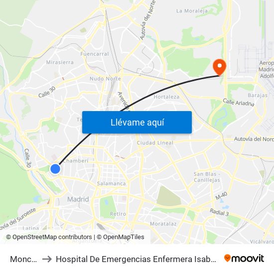 Moncloa to Hospital De Emergencias Enfermera Isabel Zendal map