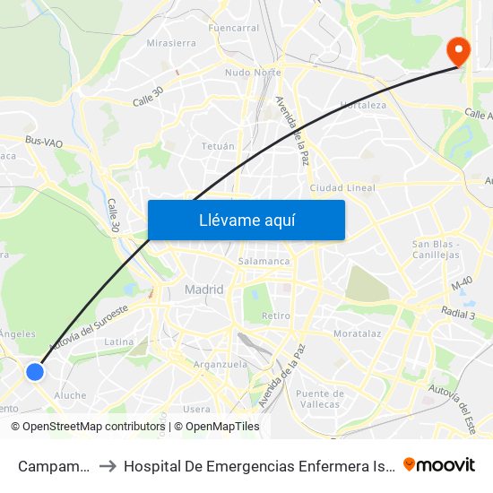 Campamento to Hospital De Emergencias Enfermera Isabel Zendal map