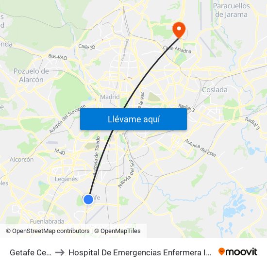 Getafe Central to Hospital De Emergencias Enfermera Isabel Zendal map
