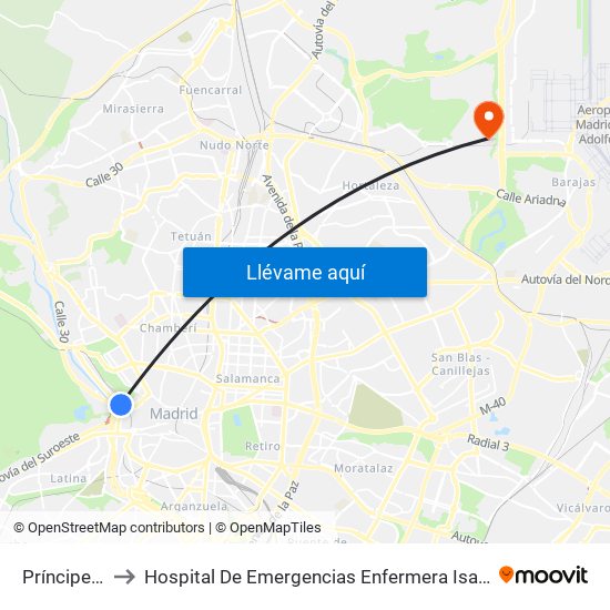 Príncipe Pío to Hospital De Emergencias Enfermera Isabel Zendal map