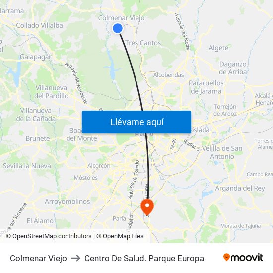 Colmenar Viejo to Centro De Salud. Parque Europa map