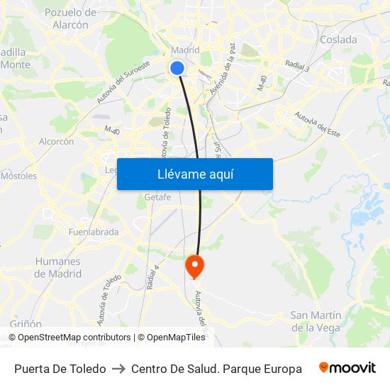 Puerta De Toledo to Centro De Salud. Parque Europa map