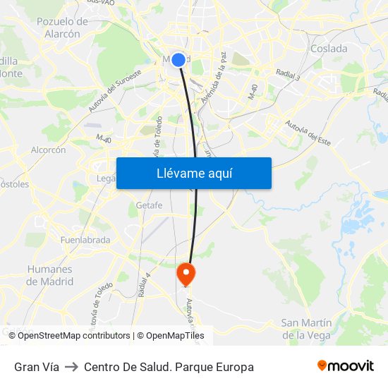 Gran Vía to Centro De Salud. Parque Europa map