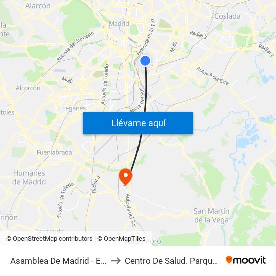 Asamblea De Madrid - Entrevías to Centro De Salud. Parque Europa map