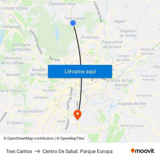 Tres Cantos to Centro De Salud. Parque Europa map