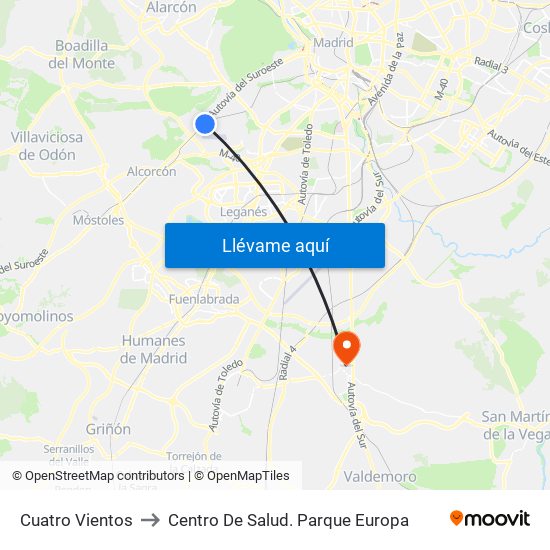 Cuatro Vientos to Centro De Salud. Parque Europa map