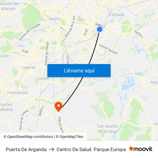 Puerta De Arganda to Centro De Salud. Parque Europa map