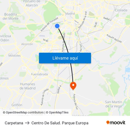 Carpetana to Centro De Salud. Parque Europa map
