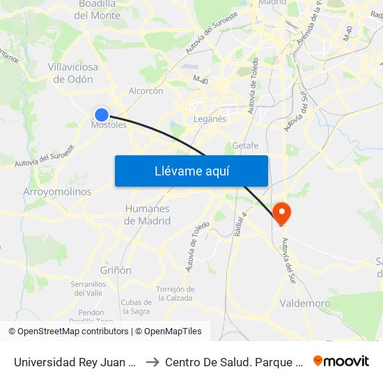 Universidad Rey Juan Carlos to Centro De Salud. Parque Europa map