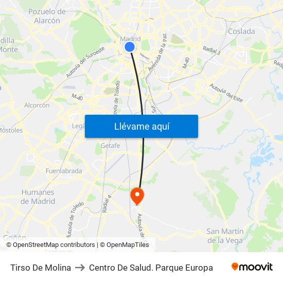 Tirso De Molina to Centro De Salud. Parque Europa map