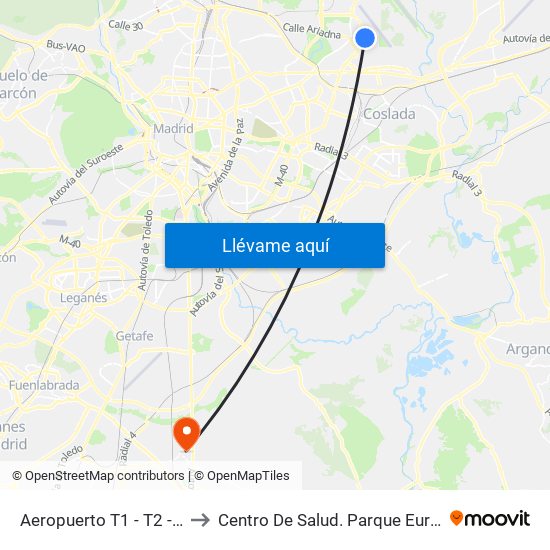 Aeropuerto T1 - T2 - T3 to Centro De Salud. Parque Europa map