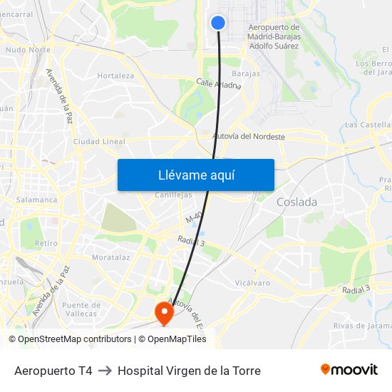 Aeropuerto T4 to Hospital Virgen de la Torre map