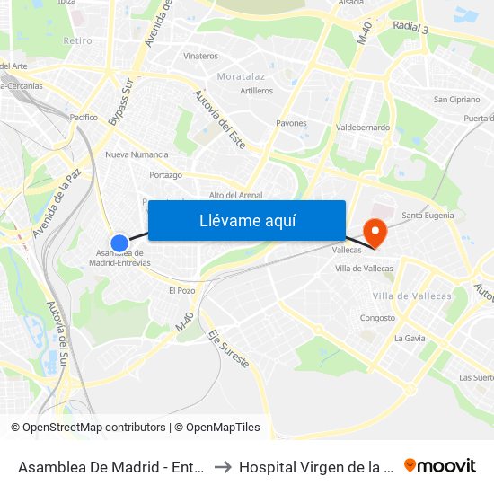 Asamblea De Madrid - Entrevías to Hospital Virgen de la Torre map