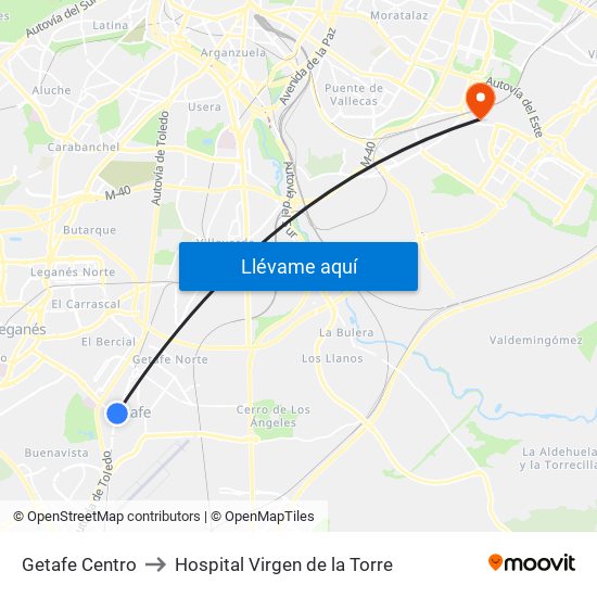 Getafe Centro to Hospital Virgen de la Torre map